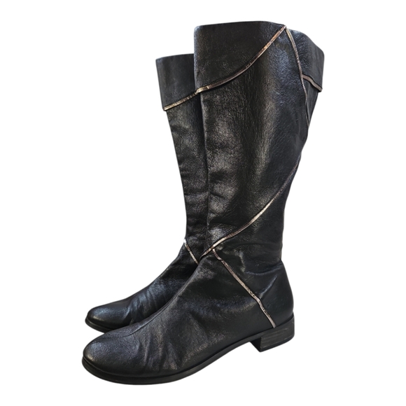 Nina Dolls Black Leather Flat Boots W/ Silver Trim Vintage Y2K Size 7 - Picture 4 of 12